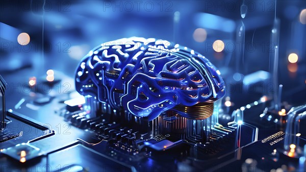 Human brain intricately interlinked with the circuits of a computer board symbolizing artificial intelligence, AI generated