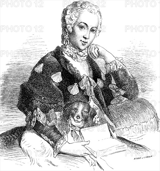 Portrait of Princess Wilhelmine, eldest daughter of King Frederick William I, Prussian history, dog, book, elegant clothes, historical illustration 1882