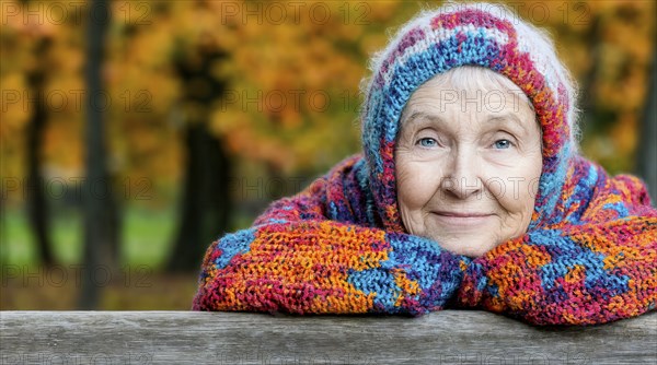 Elderly woman relaxing on an autumn day in colourful knitwear, generated with AI, AI generated