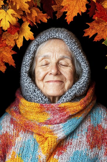 Elderly woman with closed eyes enjoying the autumnal calm in colourful knitted clothes, generated with AI, AI generated