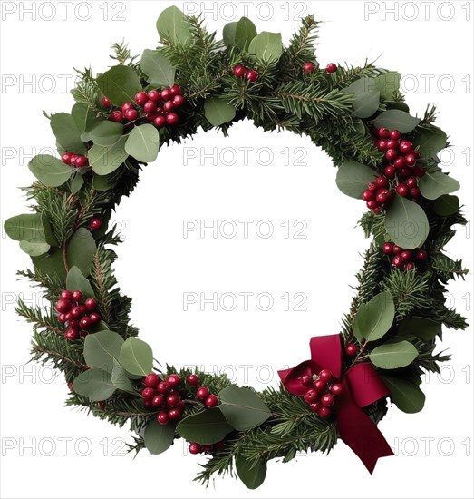 A beautifully crafted Christmas wreath with lush foliage, clusters of red berries, and a red bow ideal for Christmas decoration, AI generated