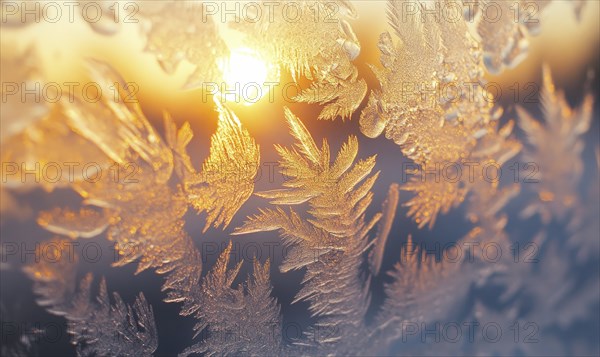 A frosty window with a sun shining through it. The sun's rays are reflected in the frost, creating a beautiful and serene scene. Scene is peaceful and calming, as the sun's warmth AI generated