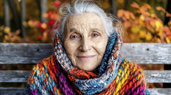 Elderly woman with colourful knitted scarf sits on a wooden bench in front of an autumnal backdrop, generated with AI, AI generated