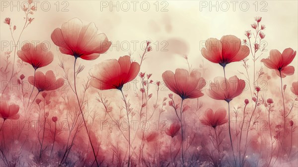 Field of red flowers in a dreamy watercolor landscape, AI generated