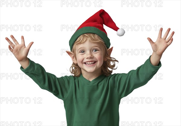 An elf in a green sweater and Christmas hat raises his arms in celebration, capturing the joy of the Christmas festive season with the transparent background, AI generated