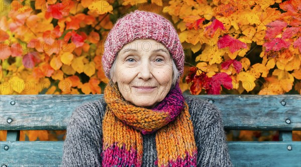 Old woman with colourful knitted hat and scarf sits on a bench in front of autumn-coloured leaves, generated with AI, AI generated