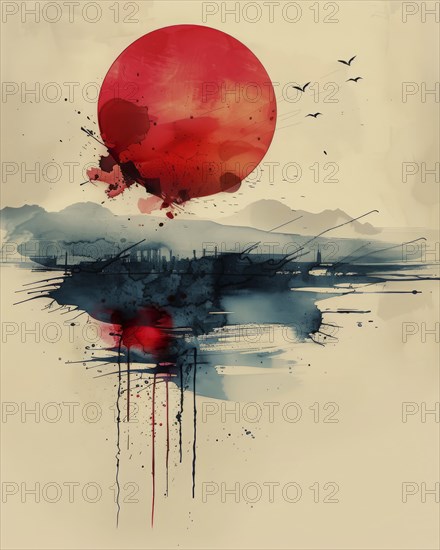 Abstract landscape with a red sun, distant mountains, and birds in a minimalistic watercolor style, AI Generated, AI generated