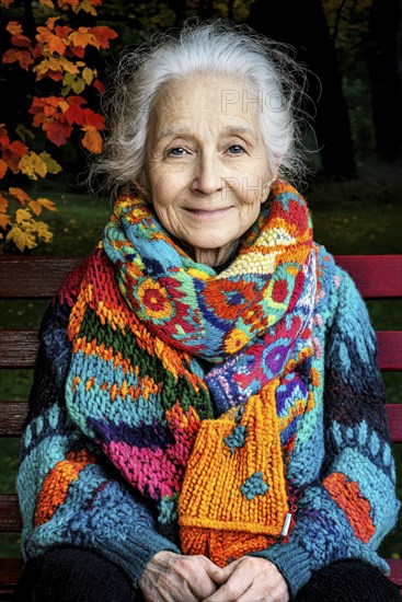 Elderly woman sits on a bench in colourful knitted clothes against an autumnal backdrop, generated with AI, AI generated