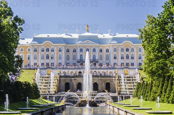 View on Great Cascade Fountain in Peterhof, Saint-Petersburg, Russia, Europe