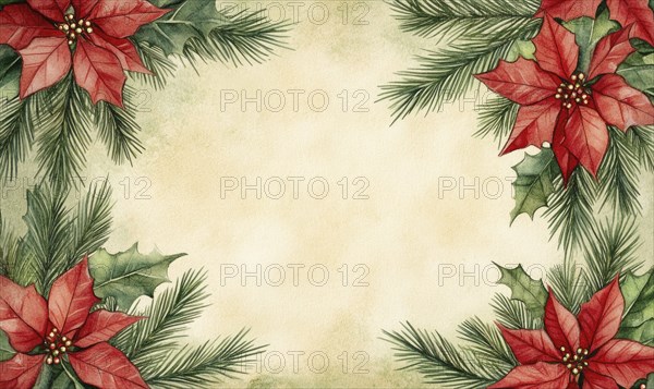 A Christmas card with a red poinsettia and green branches. The card is white and has a frame around it AI generated