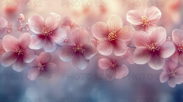 Soft pink blossoms in a dreamy, ethereal watercolor setting, AI generated