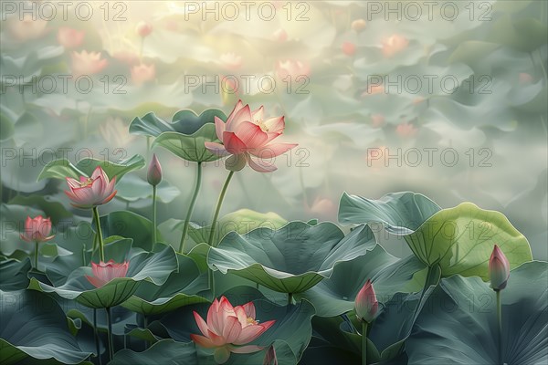 Delicate composition of bright pink lotus flowers with soft green leaves. The background has a harmonious bokeh. AI generated, AI generated