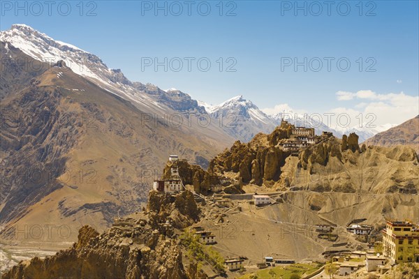 The stunning Dhankar cliff old monastery in Spiti Valley amongst the mountains of the Himalayas in Dhankar, Himachal Pradesh, India, Asia