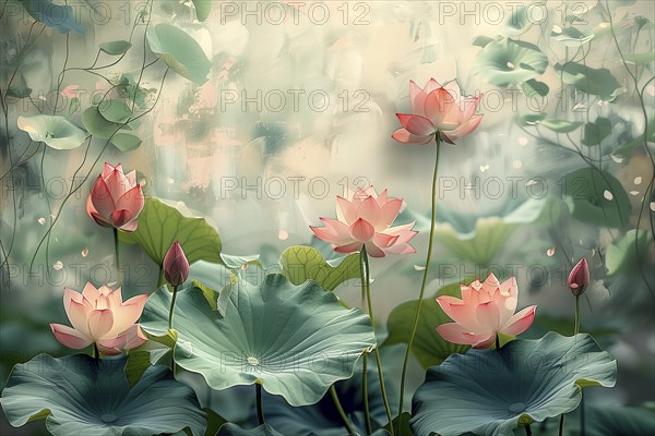 Delicate composition of bright pink lotus flowers with soft green leaves. The background has a harmonious bokeh. AI generated, AI generated