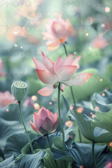 Delicate composition of bright pink lotus flowers with soft green leaves. The background has a harmonious bokeh. AI generated, AI generated