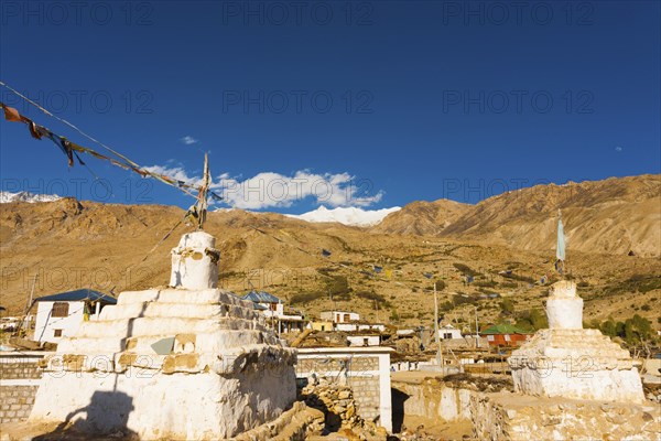 Buddhist stupas at a small temple complex in Nako, a village in the Spiti Valley of Himachal Pradesh, India, Asia