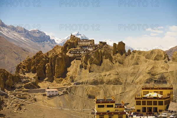 A stunning view of the Himalaya mountains behind the old and new monastery of Dhankar, Spiti Valley, Himachal Pradesh, India, Asia