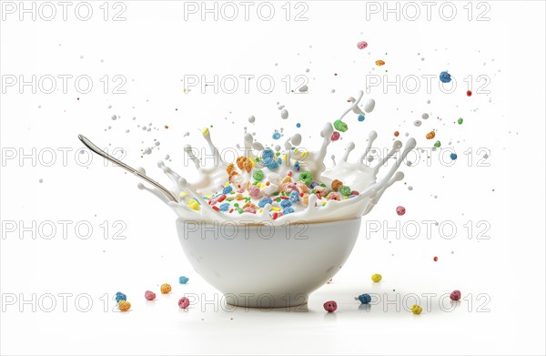 High speed shot of a breakfast bowl with a spoon dropping into the milk causing splashes of colourful cereal over white background. AI generated