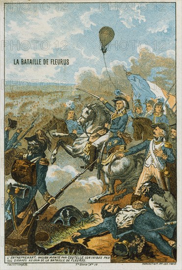 Battle of Fleurus, 26 June 1794, French Revolutionary Wars. The use of the Entreprenant as a reconnaissance balloon, the first use of a balloon in warfare, contributed to the French victory. Prunt, ca. 1883, Aviation, aeronautics, ballooning