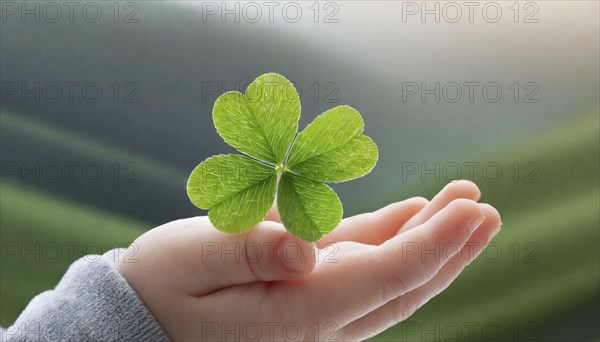 A shamrock is held on a palm, baby, symbolises happiness and nature, AI generated, AI generated