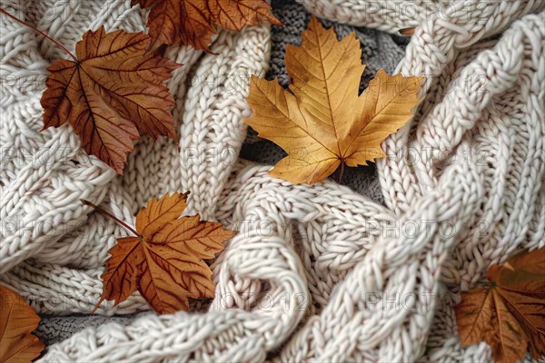 Autumn maple leaves on cozy knitted blanket. Generative Ai, AI generated