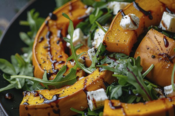 Close up of salad with baked pumpkin slices with rucola lettuce and feta cheese. Generative ai, AI generated