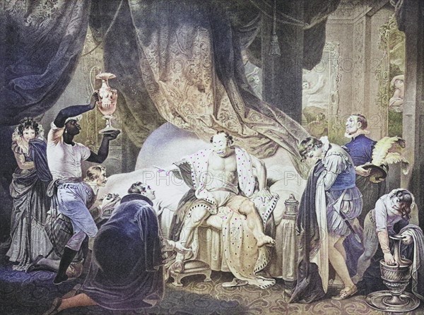 The Taming of the Shrew. Introductory Scene II. A bedchamber in the lord's house. Sly, lord and servants, some with robes, others with basin and pitcher and other paraphernalia. From the Boydell Shakespeare Gallery, published at the end of the 19th century, Historic, digitally restored reproduction from a 19th century master, Record date not stated