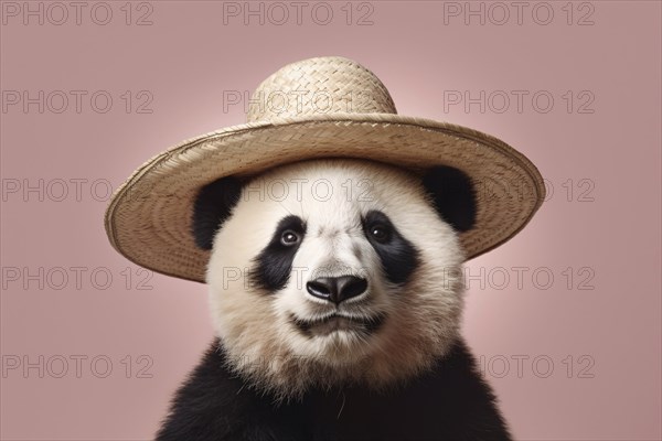 Cute Giant Pand abear with summer straw hat on pastel pink studio background. KI generiert, generiert, AI generated