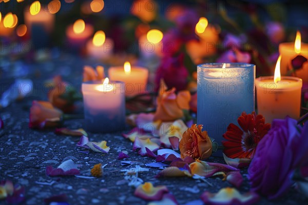 Memorial with candles and flowers in street. KI generiert, generiert, AI generated