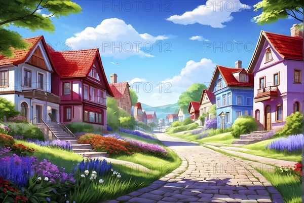 AI generated illustration of colorful countryside houses nestled in a spring or summer scenery with blooming flowers