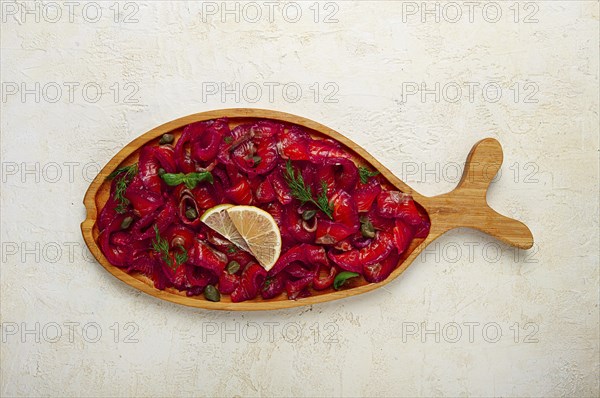 Salmon gravlax with beetroot, Scandinavian snack, beet gravlax, lightly salted fish, homemade, no people