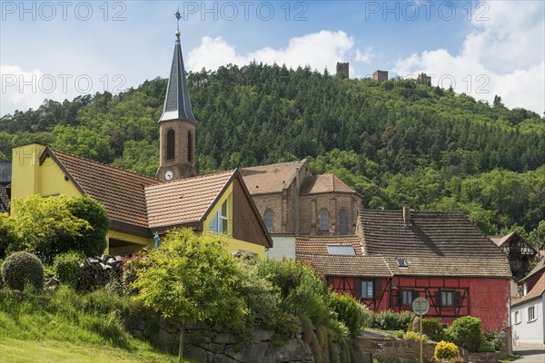 Village in the vineyards and castle ruins, Les Trois Châteaux d'Eguisheim, Husseren-les-Châteaux, Haut-Rhin, Alsace, Alsace, France, Europe