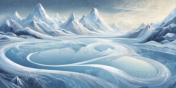 Abstract illustration of dreamy, icy landscape with swirling blues, whites, and silvers, evoking the feeling of a cold winter's breeze, AI generated