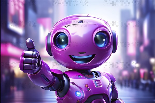 Friendly smiling magenta robot with a thumb up symbolizing artificial intelligence, AI generated