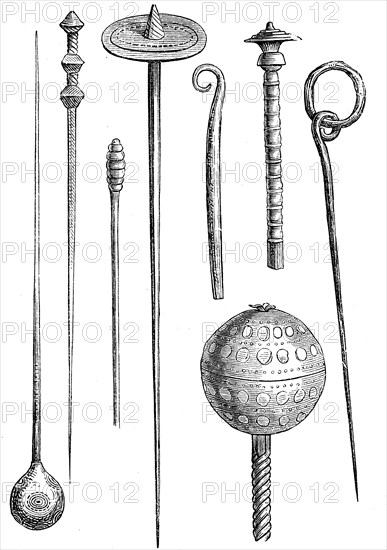 Bronze Age, hairpins and garment pins, found in Switzerland, illustration from 1890, historical, digital reproduction of an original from the 19th century