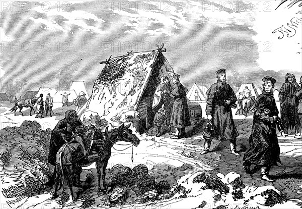 Englishmen fetching food from French sutlers, 1855, Crimean War, Historical, digital reproduction of an original 19th century model