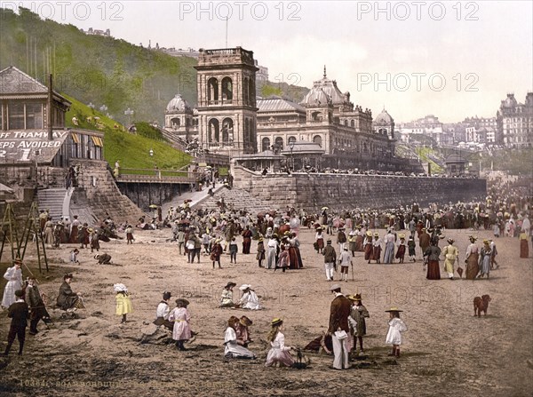 The beach and the Spa, Scarborough Spa Complex, in Scarborough, North Yorkshire, England, the beach and the Spa, at Scarborough, Historic, digitally restored reproduction from a 19th century original, 1880, Record date not stated