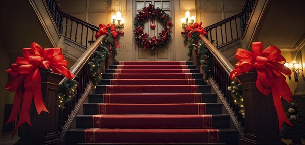 Elegant Christmas holiday staircase lined with garlands, red ribbons, and glowing lanterns, leading up to a warmly lit hallway, AI generated