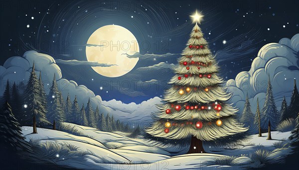 Illustration of a Christmas tree in a snowy landscape on a starry night with a full moon, AI-generated image, AI generated