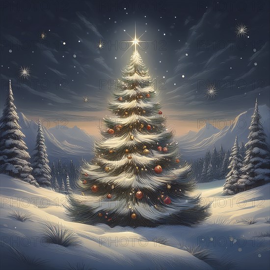 Illustration of a Christmas tree in a snowy winter landscape at night, AI-generated image, AI generated