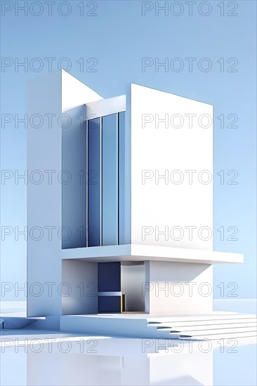 Minimalist architectural composition of modern buildings, with clean angles, rendered in geometric forms and soft hues of grey, cream, and light blue, AI generated