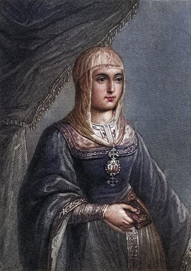 Isabella I, nicknamed Isabella the Catholic. Spanish Isabel La Catolica, 1451-1504, Queen of Castile (1474-1504) and of Aragon (1479-1504), ruled the two kingdoms together with her man from 1479. Copperplate engraving by W. Greatbatch of the original in the Royal Palace in Madrid. From the book History of the Reign of Ferdinand and Isabella, the Catholic, of Spain, Volume I by William H. Prescott, published in 1851, digitally restored reproduction from a 19th century original, record date not stated