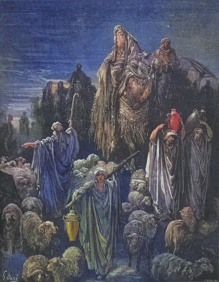 Engraving from the Dore Bible illustrating Genesis xlvi 5 to 7 Jacob goes to Egypt by Gustave Dore 1832-1883 French artist and illustrator, Historical, digitally restored reproduction from a 19th century original, Record date not stated