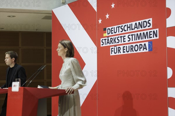 Kevin Kuehnert, SPD Secretary-General, and Katarina Barley, SPD lead candidate for the 2024 European elections, at a press conference following the SPD Presidium meeting after the European elections at the Willy Brandt House in Berlin, 10 June 2024