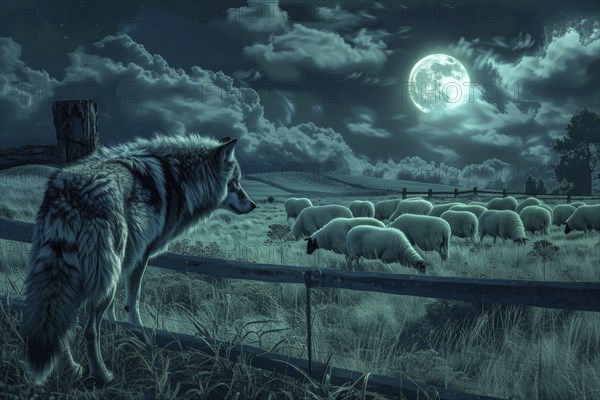 A wolf stands at a pasture fence at night under a full moon and observes a grazing flock of sheep, symbolic image for herd protection, danger, killing by wolf attack, AI generated, AI generated, AI generated