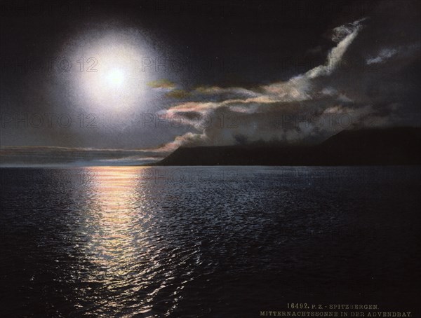 Midnight Sun in Advent Bay, Spitsbergen, around 1895, Historic, digitally restored reproduction from a 19th century original, Record date not stated