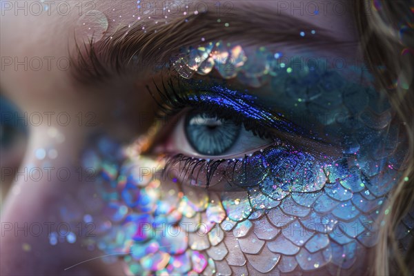 Close up of woman's beautiful mermaid Halloween costume eye makeup. Generative AI, AI generated