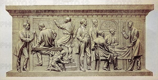 In a weaving mill, a relief by Friedrich Drake on the monument to Beuths zu Kiss in Berlin, Germany, digital reproduction of an original from the 19th century, original date unknown, Europe