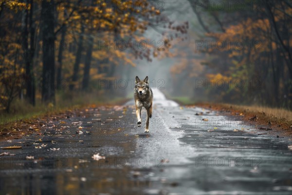 A wolf wanders through a wooded area along a country road, symbol image for herd protection, danger, killing by wolf attack, AI generated, AI generated, AI generated