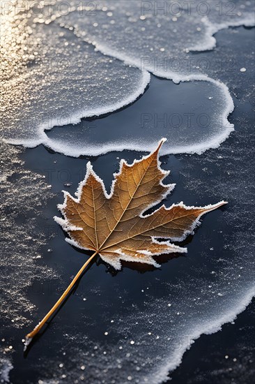 Delicate leaf resting on the surface of a frozen puddle, with intricate ice crystals forming beneath it, captured in soft, natural light, AI generated